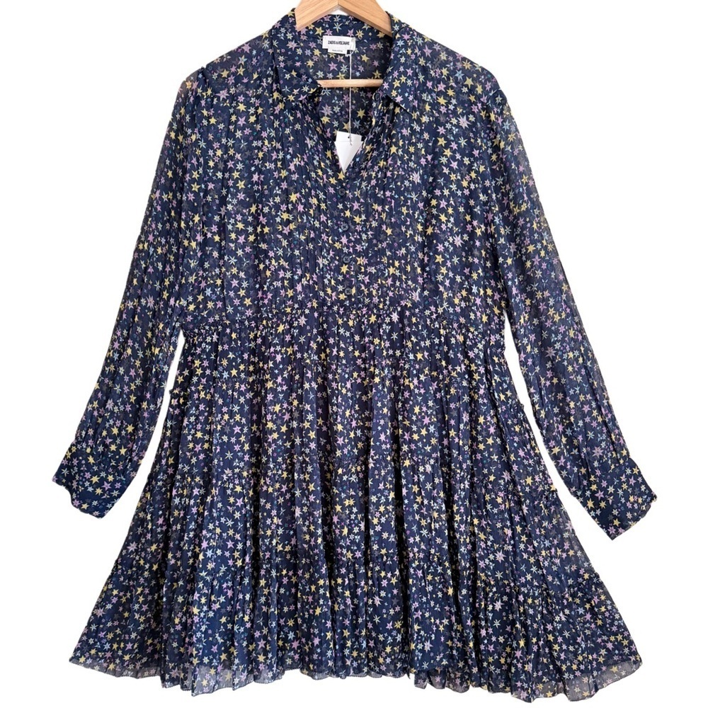 Zadig & Voltaire Lightweight Chiffon Rapidy Crinkle Print Etoiles Dress Sz L NWT - Picture 6 of 11